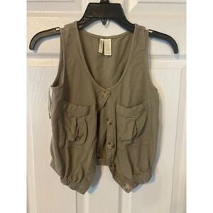 Japna Womens Olive Green Utility Cargo Vest Button Front Elastic Hem Viscose S